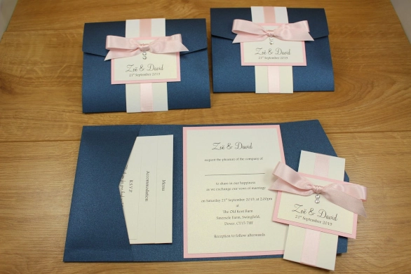 Luxury Expensive Swarovski Crystals Elegant Pale Pink Navy Blue Pocketfold Wedding Invitation