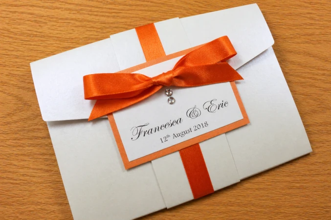 Vibrant orange Pocketfold wedding invitation