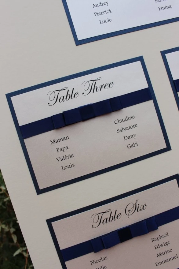 Dark navy blue and cream wedding table plans made in Braintree, Essex