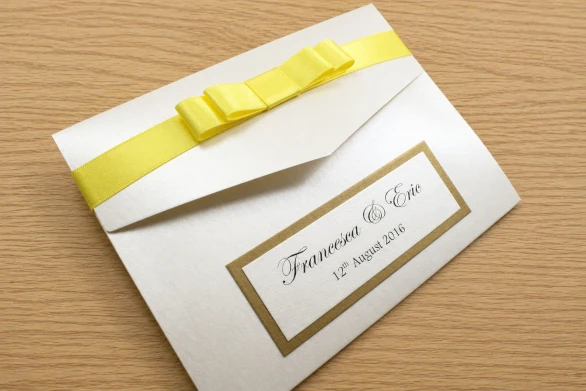 lemon yellow and metallic gold affordable pocketfold wedding invitation