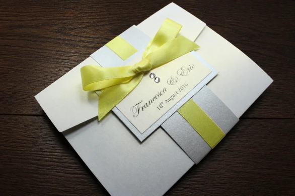 Lemon Canary yellow and white and metallic silver wedding invitation with crystals