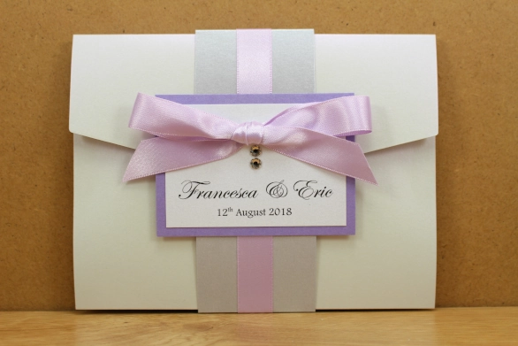 Pocketfold Wedding Invitation White Silver Purple Tied Ribbon Elegant Swarovski Crystals
