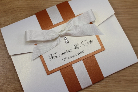Copper Pocketfold Wedding Invitation White Ribbon Tied Ribbon Elegant Swarovski Crystals
