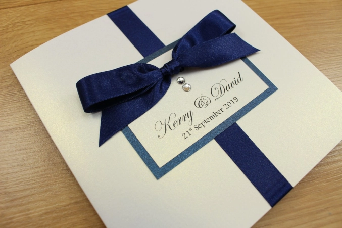 Luxury Expensive Classic Fold Swarovski Crystals Elegant Pale Pink Navy Blue Wedding Invitation
